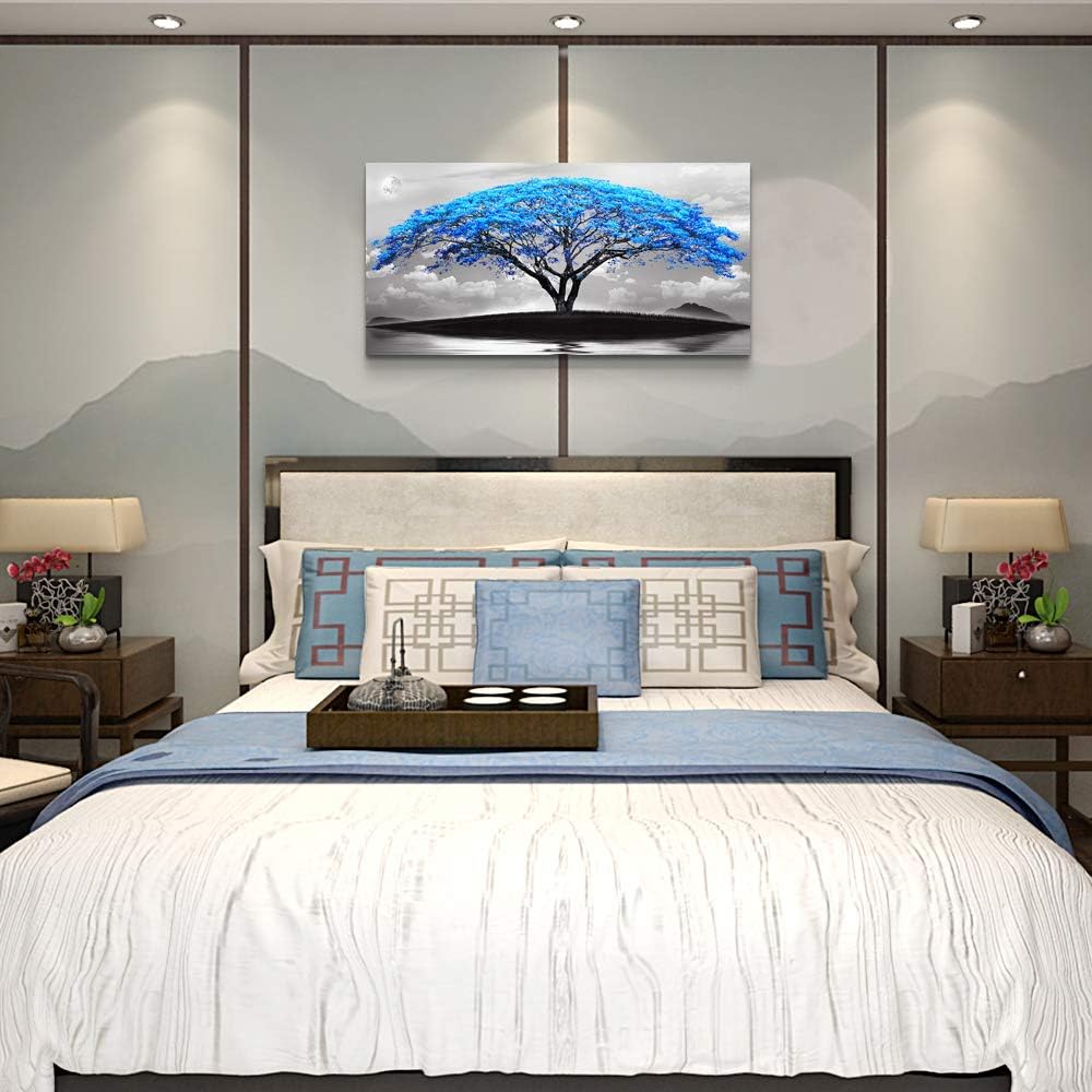 canvas wall art for living room bathroom Wall Decor Black and white landscape Blue tree moon painting to Hang Home Decorations for office bedroom kitchen Works canvas Prints pictures 24" x 48"inch