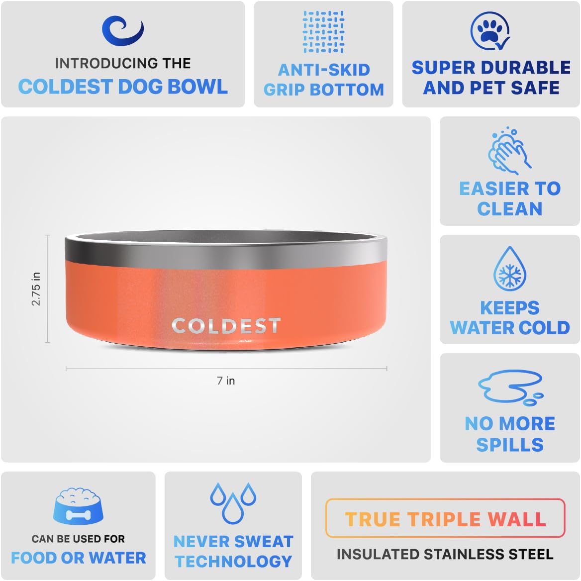 Coldest Dog Bowl - Anti Rust Metal, Non Slip, 3 Layers Insulated Stainless Steel Dog Bowls - Spill Proof & Heavy Duty - Water Bowl for Dogs, Cats & Pets, Dish Washer Safe (42 oz,Candy Red Glitter)
