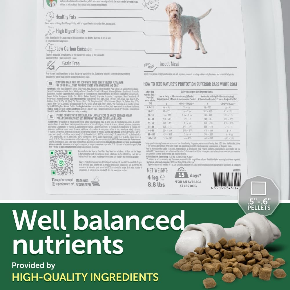 Nature's Protection Dry Dog Food for Puppy & Adult - High Protein, Grain Free Tear Stain Formula - Dog Kibble for Small, Medium & Large Breed Dogs with White Fur (Superior Care - Insect, 22 lb)