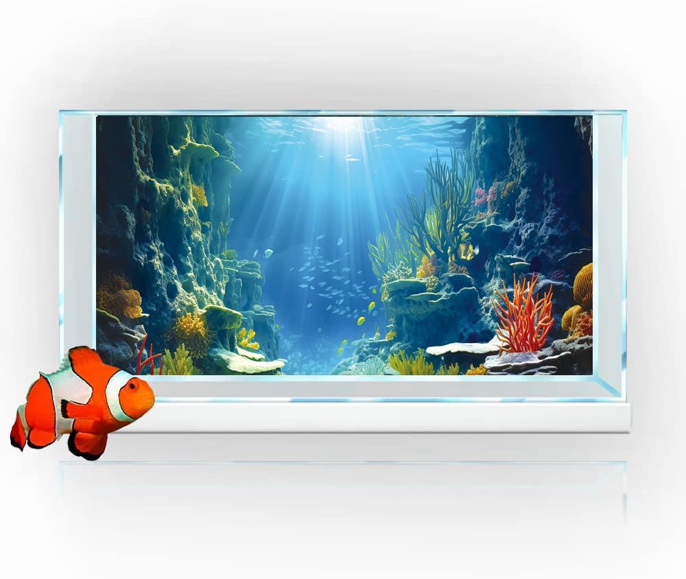 48X24IN Blue Sea Floor Aquarium Background, Natural Underwater World 3D Effect Fish Tank Decorations Background, Art Terrarium Background with 8 EVA Double-Sided Tape