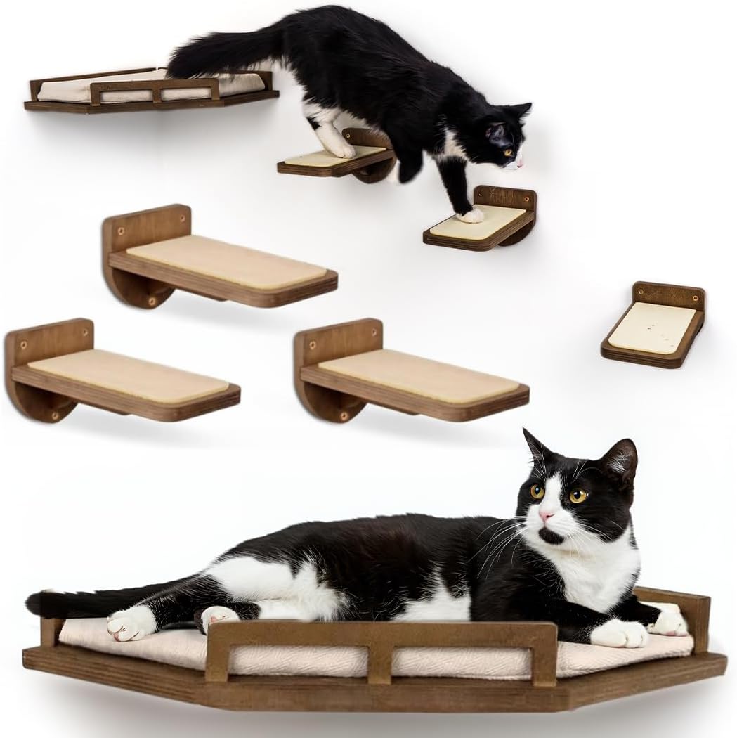 INICIO Cat Wall Shelves - Modern and Durable 3 Step Cat Furniture for Wall - Stylish Birch Floating Shelf for Cats up to 15lbs - Wooden Corner Shelves with Cushioned Perch - Brown