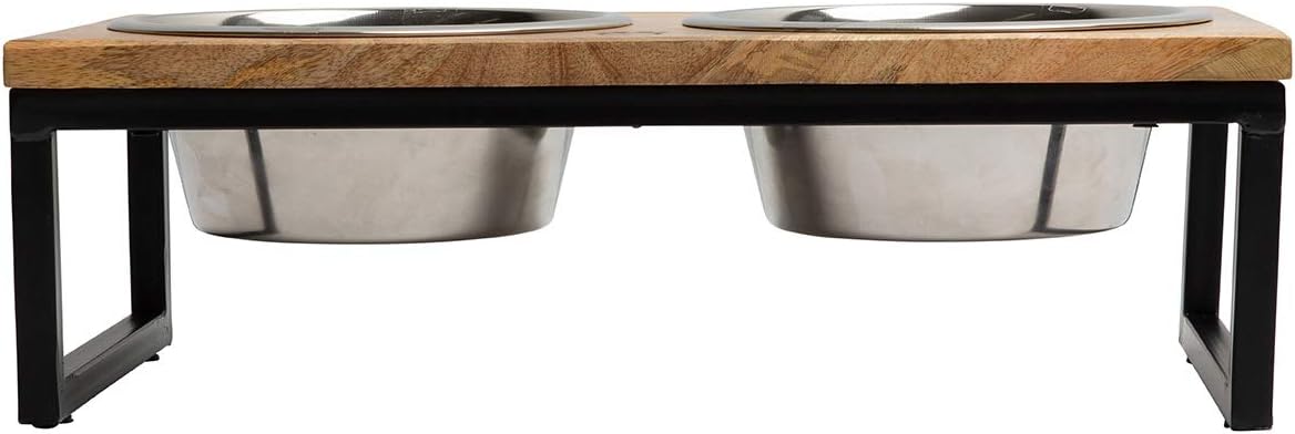 Mango Wood Dog Bowl Stand - Elevated Pet Feeder with 2 Stainless Steel Bowls - Raised Food and Water Dish Set for Dogs and Cats, Available in 4 Sizes, Pet Dining Station, Large/48oz