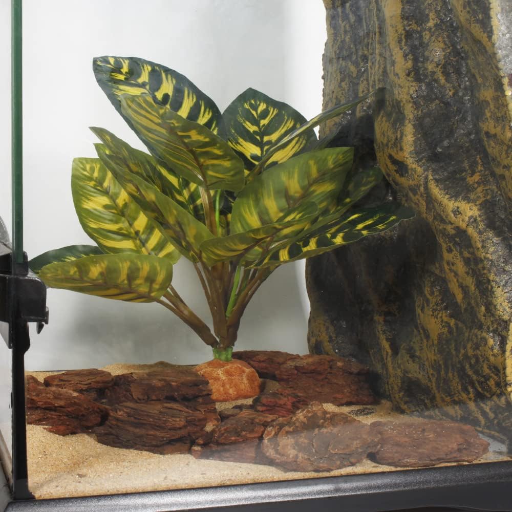 Reptile Terrarium Decor Plants, Bearded Dragon Tank Accessories fit Crested Gecko Leopard Lizard Chameleon Ball Python Snake Frog - Yellow Fake Prayer Peacock Plants
