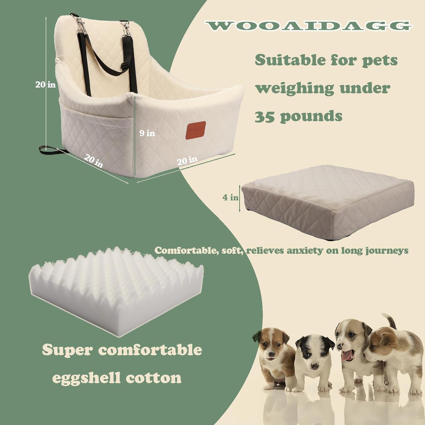 Dog Car Seat for Medium Sized Dog,Pet Travel Car Bed with Seat Belt Channle,Fully Detachable and Washable Car Dog Seat with Adjustable Straps,3 Straps Easy to Install (Beige)