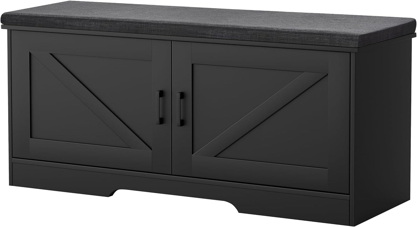 2-Tier Storage Bench, Shoe Bench with Padded Seat Cushion, Entryway Bench with 2 Barn Doors, Adjustable Shelf, 13.8" D x 39.4" W x 17.7" H, for Entryway, Living Room, Bedroom, Black