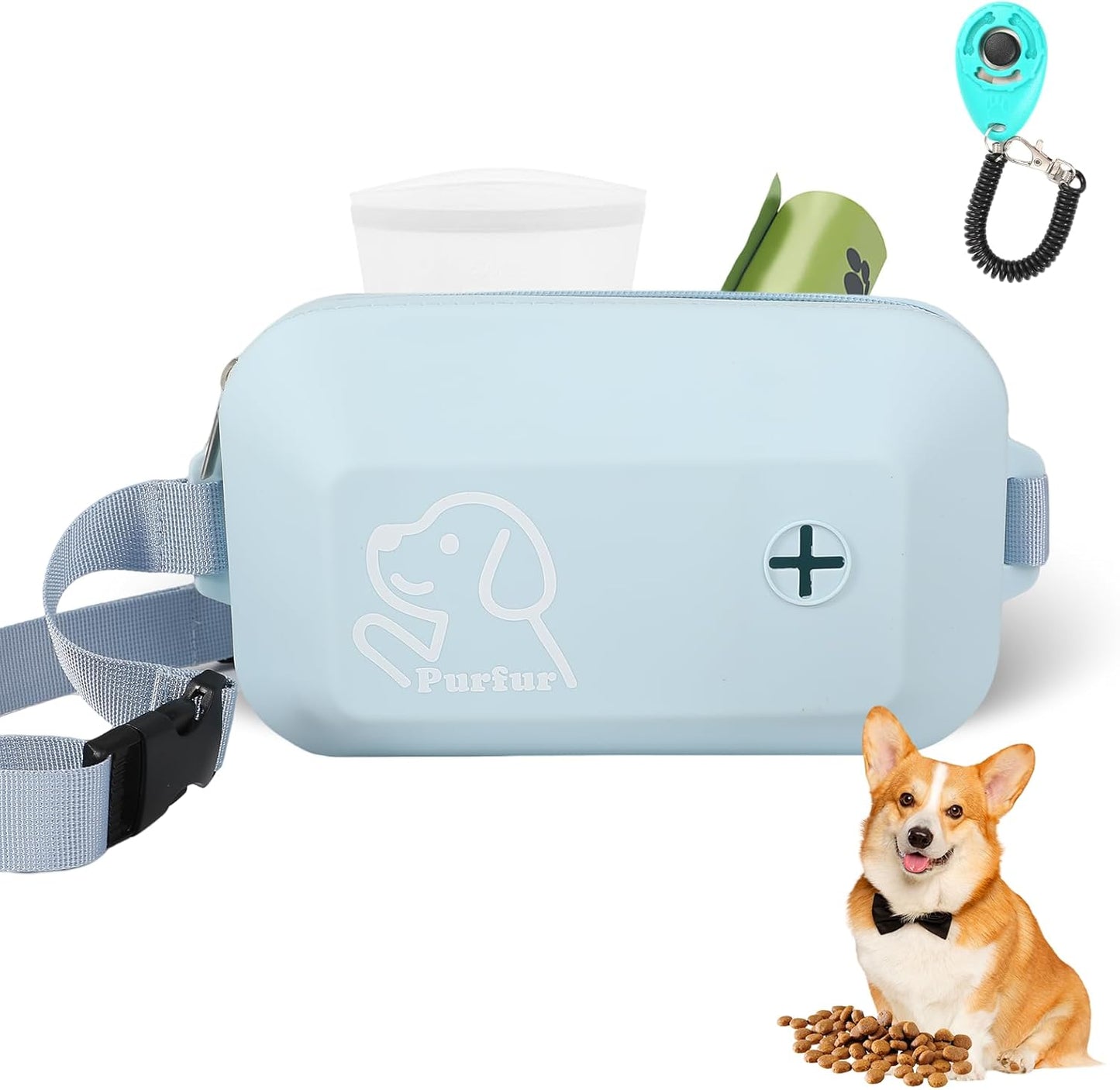 Dog Treat Pouch with Clicker & Poop Bag Holder – Waterproof Silicone, Adjustable Waist Belt for Training & Walking – Puppy Treat Pouch for Pet Training (Blue)