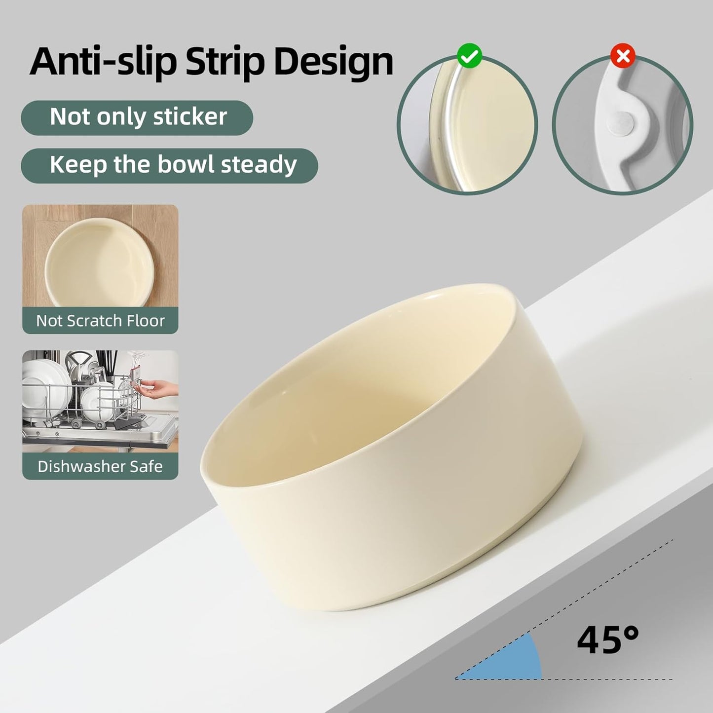 Ceramic 6.1inch Raised Dog Bowl with Stand for Small and Medium Breed Dog Dish Pet Food and Water Bowl (Double Bowl with Stand - Beige, 28oz)