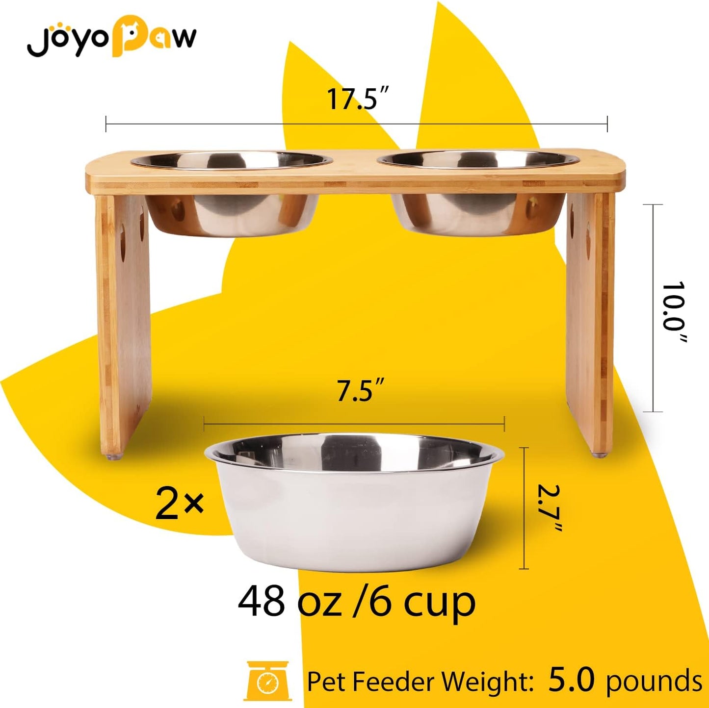 Elevated Dog Bowls, Bamboo Raised Dog Bowl for Large Dogs & Medium Dogs, with 2 Stainless Steel Bowls (10'' Tall–48 oz Bowl)