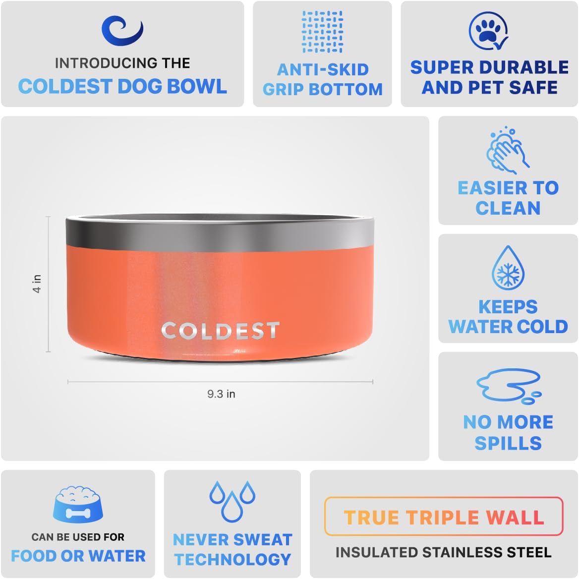 Coldest Dog Bowl - Anti Rust Metal, Non Slip, 3 Layers Insulated Stainless Steel Dog Bowls - Spill Proof & Heavy Duty - Water Bowl for Dogs, Cats & Pets, Dish Washer Safe (100 oz, Candy Red Glitter)