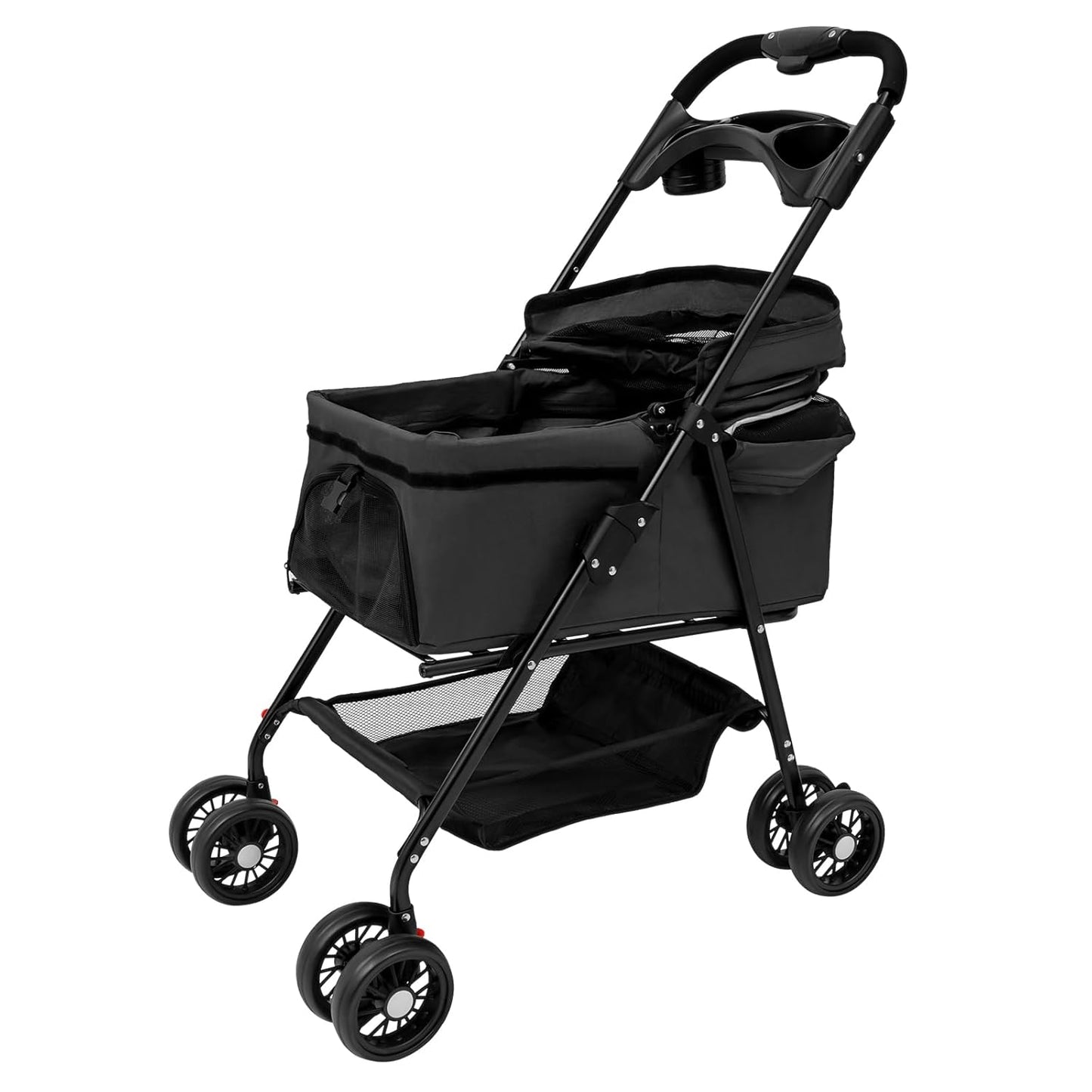 Pet Stroller, 4 Wheels Dog Cat Carrying Cart, Foldable Puppy Carrier with Storage Bag and Detachable Grid Structure for Small/Medium Dogs Cats Up to 44Lbs (Black)