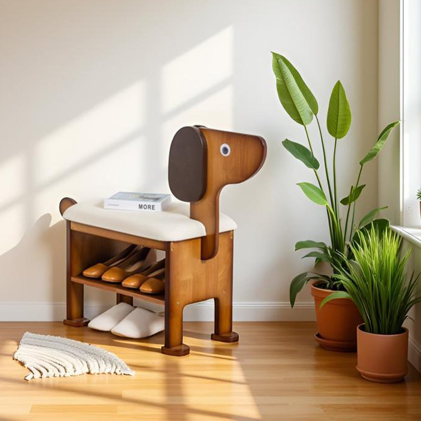 latifolia Puppy Shoe Bench, 2-Tier Solid Wood Entryway Organizer, Cute Pet-Shaped Shoe Bench for Hallway & Living Room(19.68 inch)