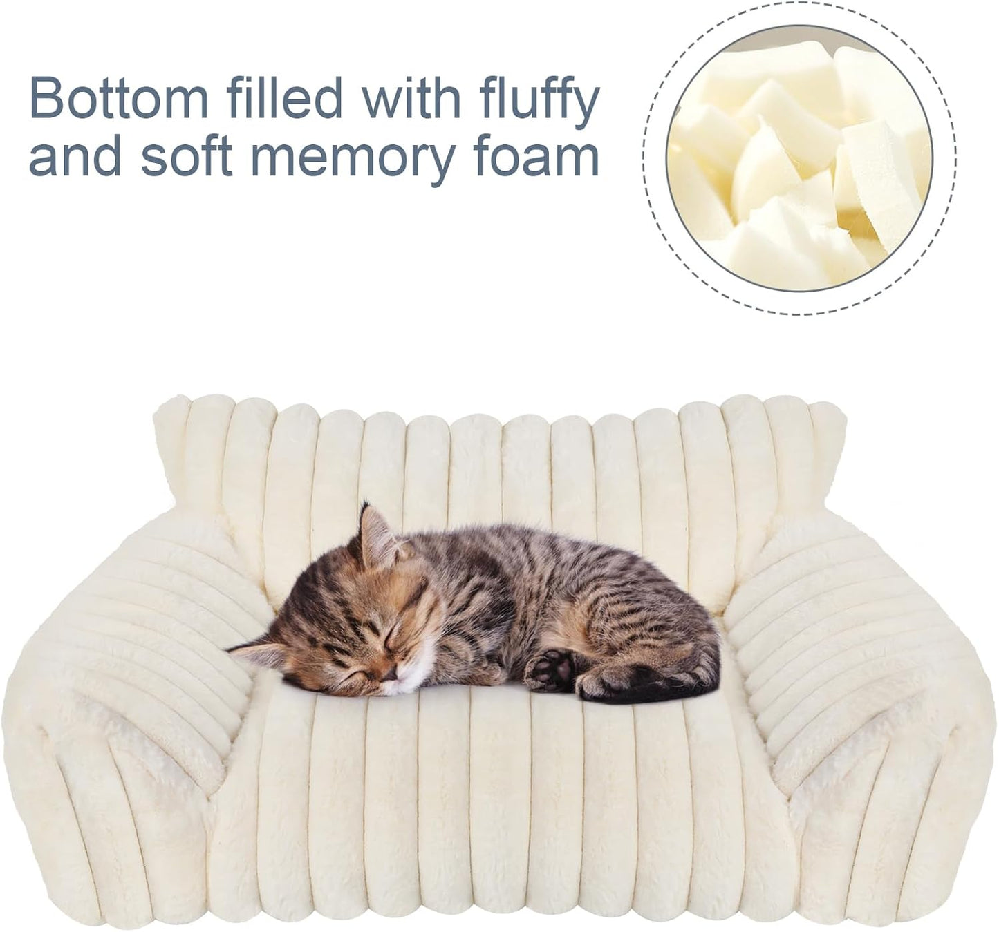 Cute Cat Couch Bed for Indoor Cats, Fluffy Pet Cat Sofa with Premium Soft Corduroy Fleece, Cute Small Dog Beds for Small Dogs, Fuzzy Puppy Chair with Removable Washable Cover (24x18x10,Cream)