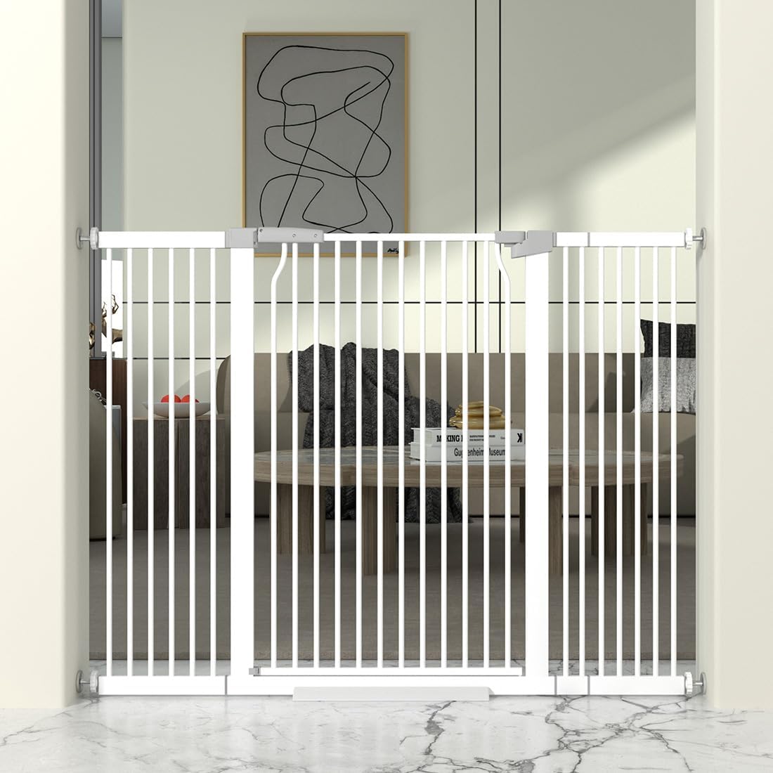 41" Extra Tall Cat Gate for Doorway, 49.2-54.7 Metal Pet Baby Safe Gate, Extra Wide Pressure Mounted Child Door with Expansion Kit, No Drilling No Climb Cat Fence Indoor, Tall Dog Gate, White