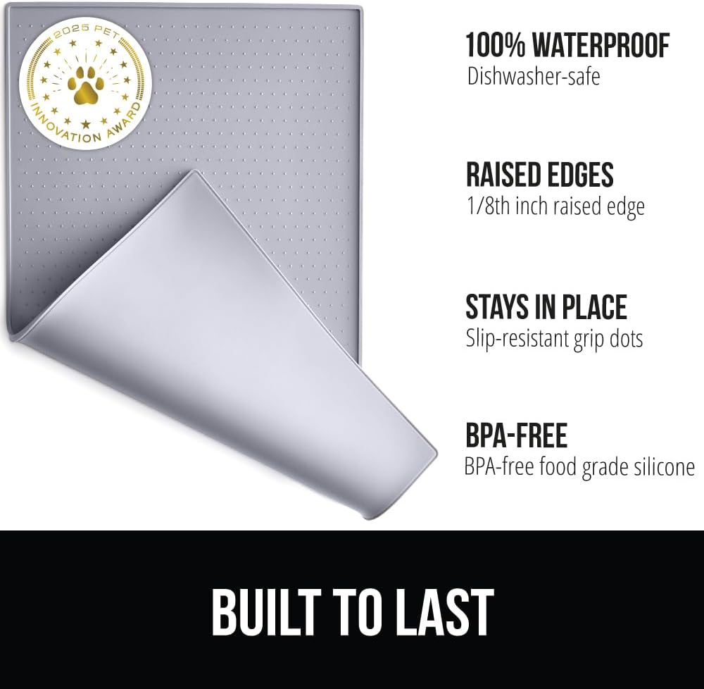 GORILLA GRIP 100% Waterproof Raised Edge BPA Free Silicone Pet Feeding Mat, Dog Cat Food Mats Contain Spills Protects Floors, Placemats for Cats, Dogs Water Bowl, Pets Accessories 28x18 Light Gray