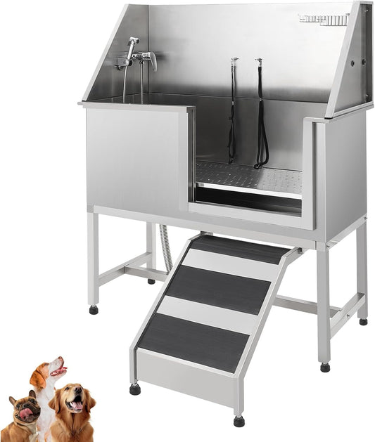 Stainless Steel Dog Washing Station - Dog Bath Tub for Large, Medium, Small Dogs, Pet Grooming Tub with Ramp, Non-Slip Grate, Shower, Soap Box, Faucet, Drain for Home & Outdoor （Right RAMP, 50"）