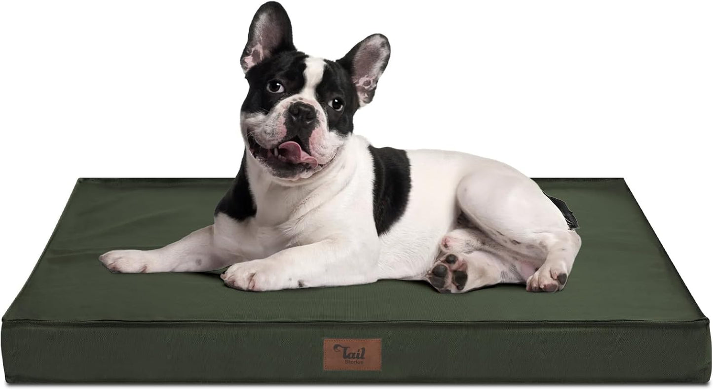 Outdoor All Weather Dog Bed, Waterproof Dog Bed for Medium Dogs, Orthopedic Egg Foam Pet Bed with Removable Cooling Cover, Dark Green