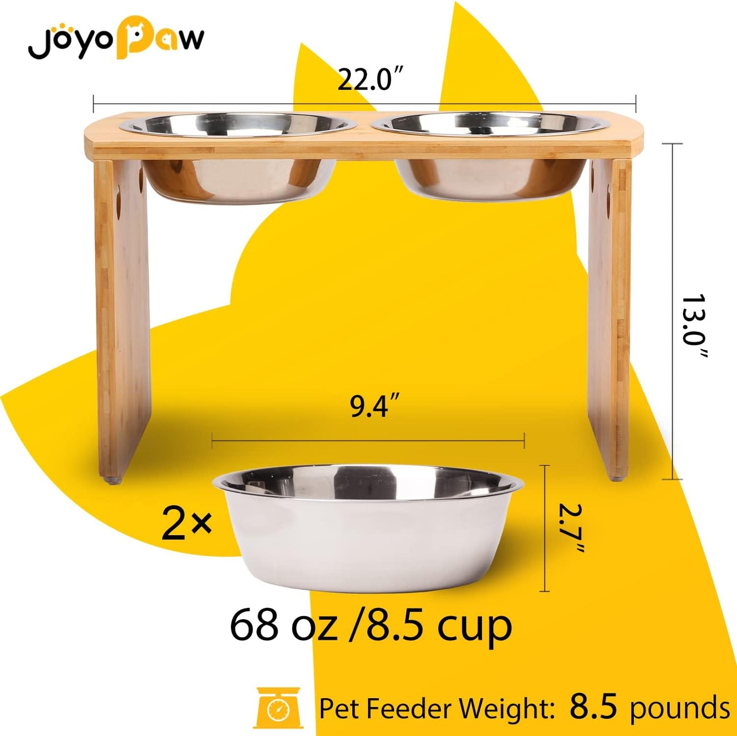 Elevated Dog Bowls, Bamboo Raised Dog Bowl for Large Dogs, with 2 Stainless Steel Bowls (13'' Tall-68oz Bowl, Natural)