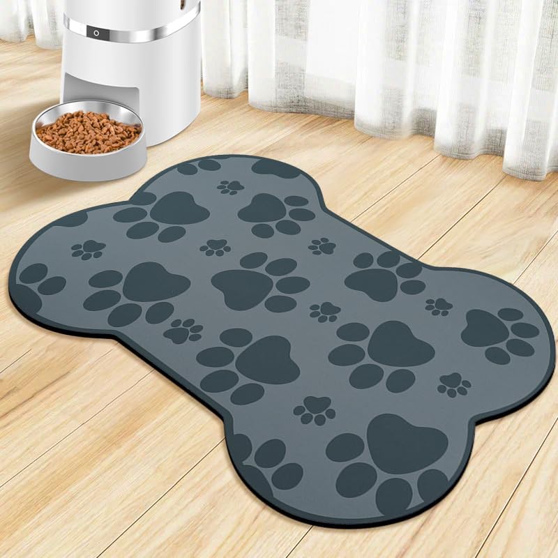 Dog Food Mats for Floors Waterproof, Pet Feeding Absorbent Water Bowl Mat Cat Placemats Gray Bone Shape 23.6 * 15.7 inch
