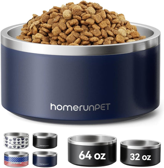 HomeRunPet Dog Bowls, Durable Dishwasher Safe Double Wall Metal Insulated Stainless Steel Food Water Bowls with Non-Slip Rubber Base, Ideal for Small Medium and Large Dogs (32oz, Navy)