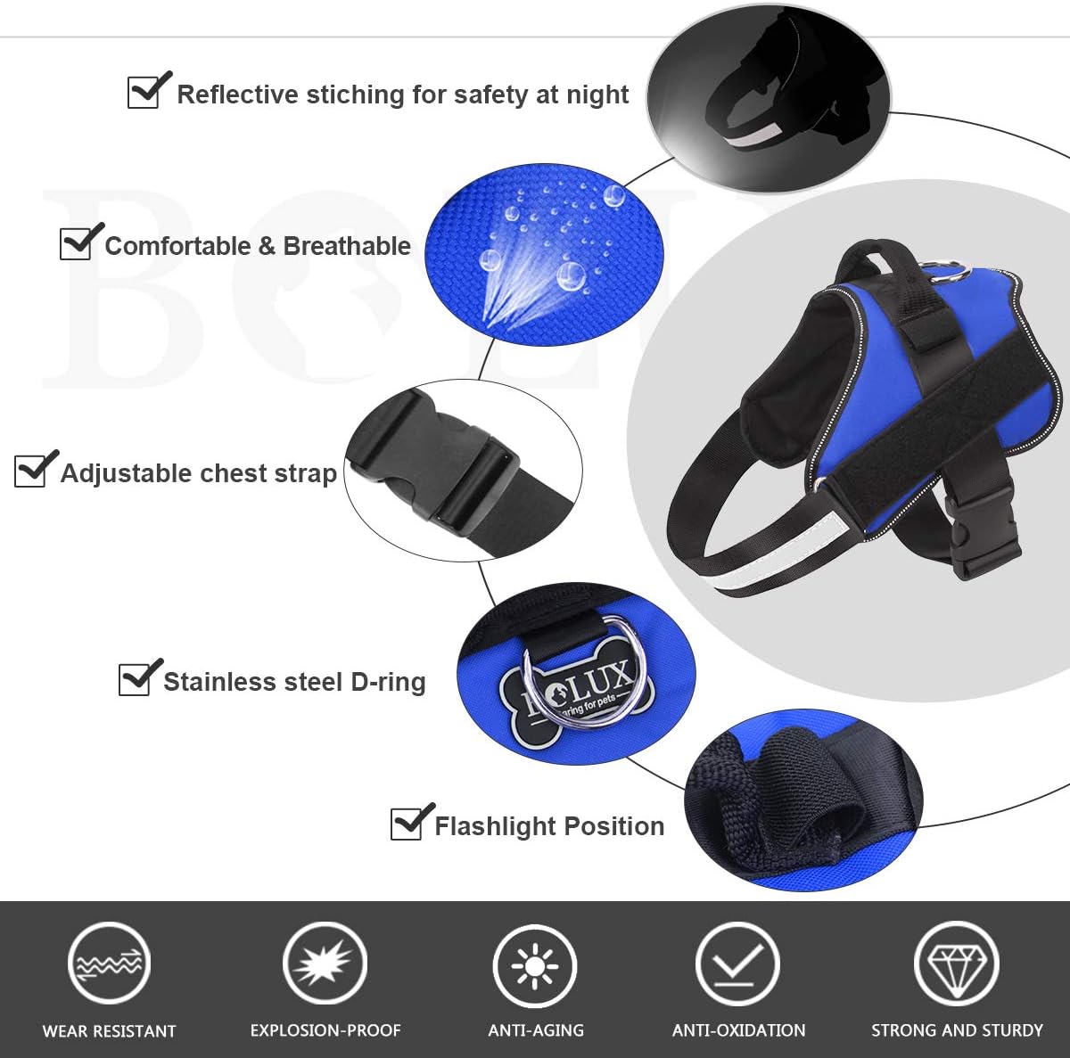 Bolux Dog Harness, No-Pull Reflective Dog Vest, Breathable Adjustable Pet Harness with Handle for Outdoor Walking - No More Pulling, Tugging or Choking (Blue, L)