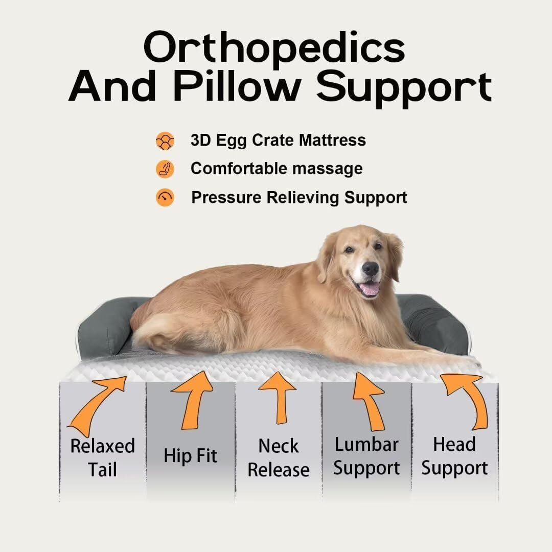 Large Dog Bed Orthopedic Washable: Dark Grey Dog Bed with Waterproof Cover and Removable Bolster, Egg Foam Couch Sofa for Medium XXXLarge Dogs