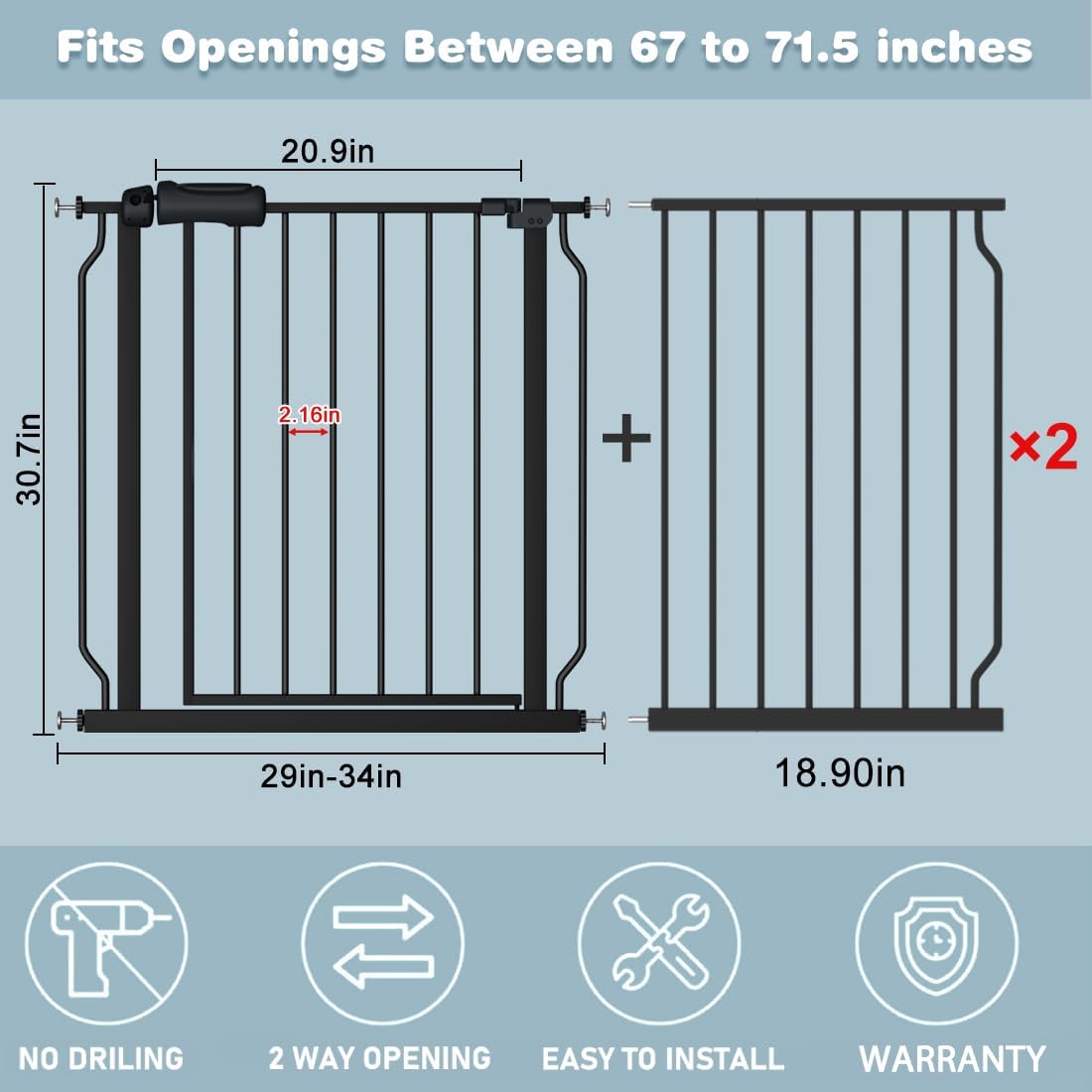 Extra Wide Baby Gate 67-71.5 Inch Wide Walk Through Pressure Mounted Auto Close Large Long Tension Gate for Dog and Cats Black