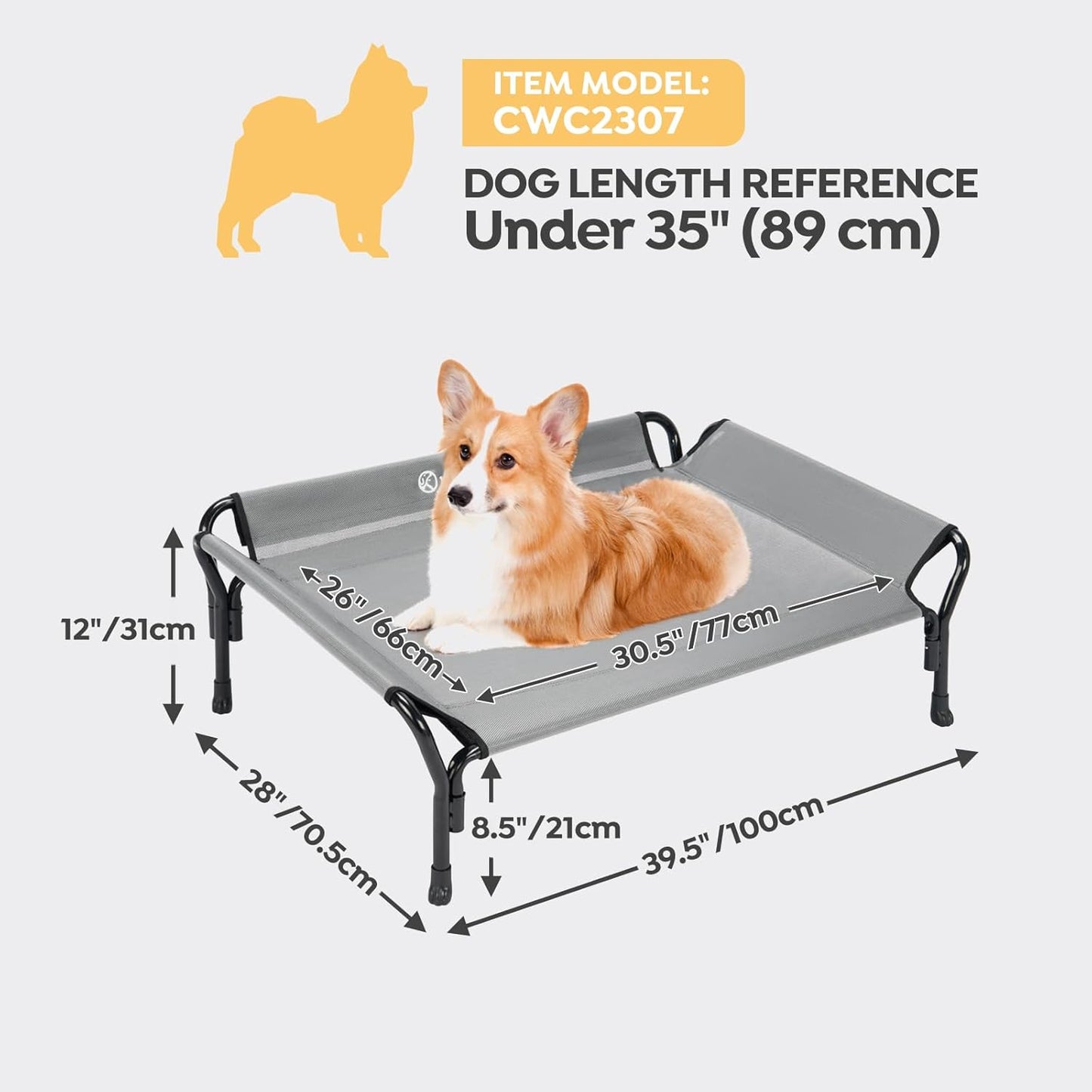 Veehoo Cooling Elevated Dog Bed, Raised Pet Cot with Guardrail & Slope Headrest, Durable Breathable Teslin Mesh, Non-Slip Feet, Washable Dog Couch Bed for Indoor & Outdoor, Medium 39.5" x 28", Gray