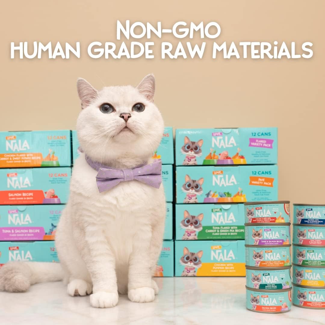 LOVE, NALA - Natural Adult Cat Wet Food - Pate Variety Pack - Tuna, Chicken, Mackerel - Grain Free, Non-GMO, Fiber Blend, Minerals, Vitamins - 12 Pack 2.1 lbs.