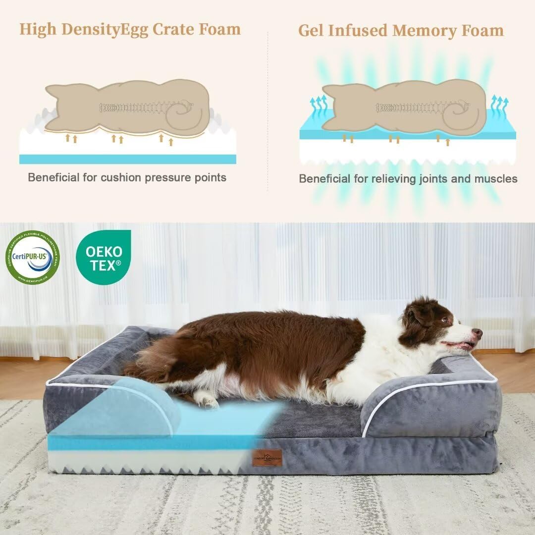 Comfort Expression Cooling Dog Bed, Jumbo Dog Bed for Extra Large Dogs, Memory Foam Orthopedic Bed, Large Breed Dogs, Waterproof Beds with Bolster & Removable Cover(Jumbo,Leaden Grey)