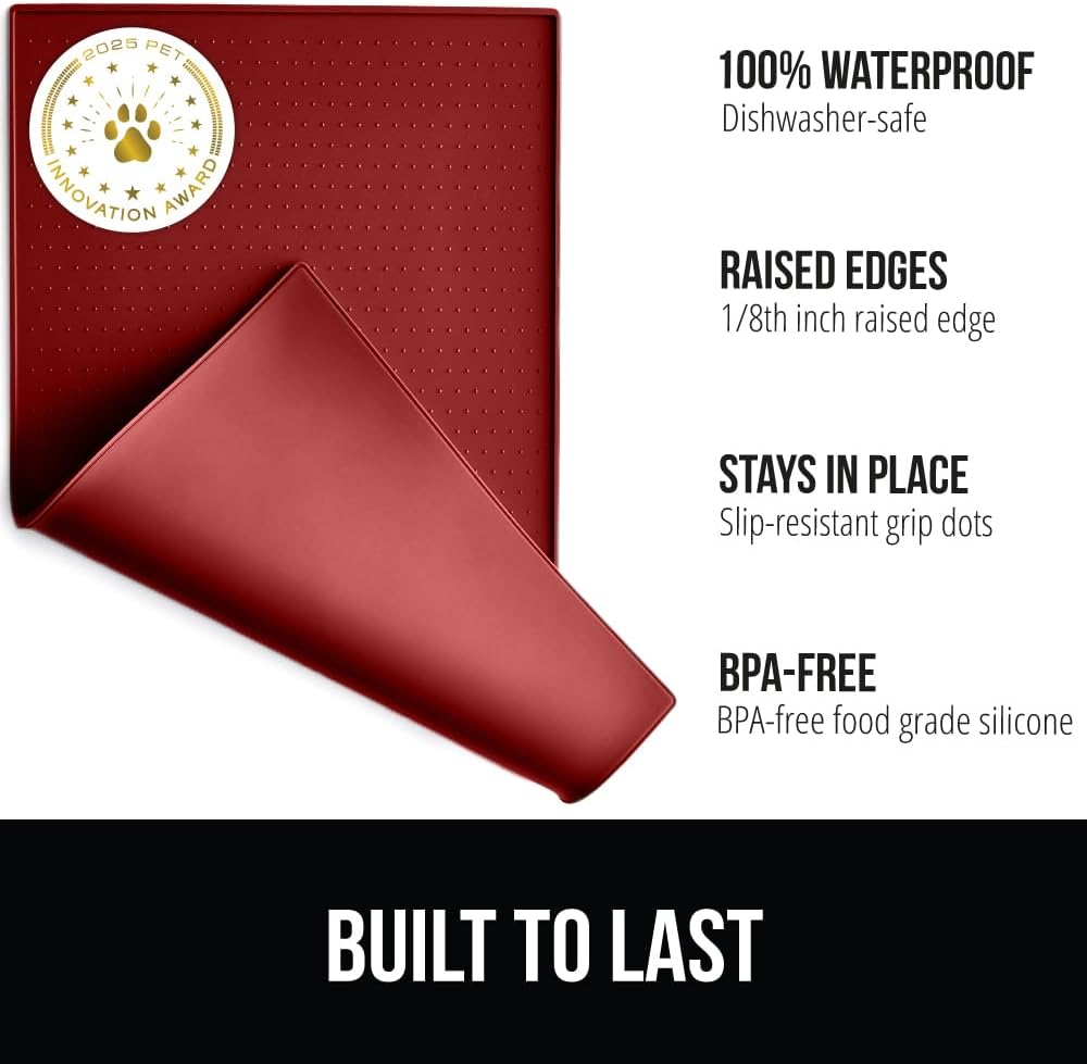 GORILLA GRIP 100% Waterproof Raised Edge BPA Free Silicone Pet Feeding Mat, Dog Cat Food Mats Contain Spills Protects Floors, Placemats for Cats and Dogs Water Bowl, Pets Accessories 32x24 Red