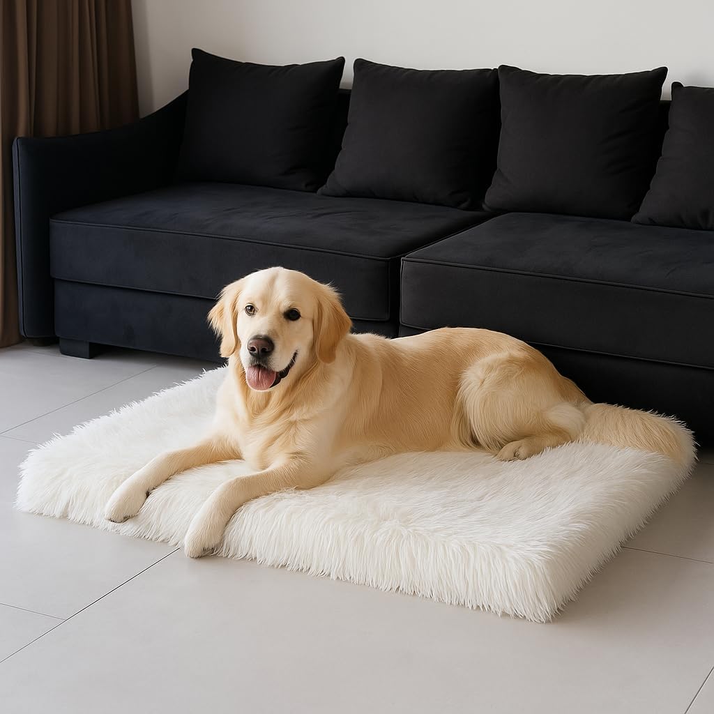 IHAPPYDOG Luxury Faux Fur Orthopedic Dog Beds, Memory Foam Crate Bed for Small, Medium, Large and XL Pets, Fluffy Pet Bed with Waterproof and Washable Cover, Fits Crates (White, XL 47" x 29")