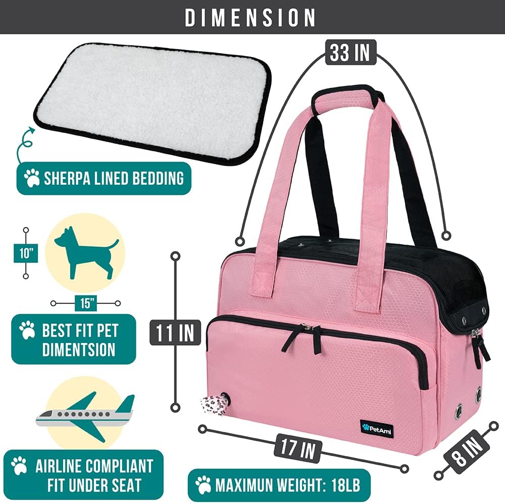PetAmi Small Dog Purse Carrier, Soft-Sided Pet Carrier Bag with Pockets, Portable Puppy Cat Travel Handbag Tote, Airline Approved Breathable Mesh, Poop Bag Dispenser, Max 18 lbs, Pink