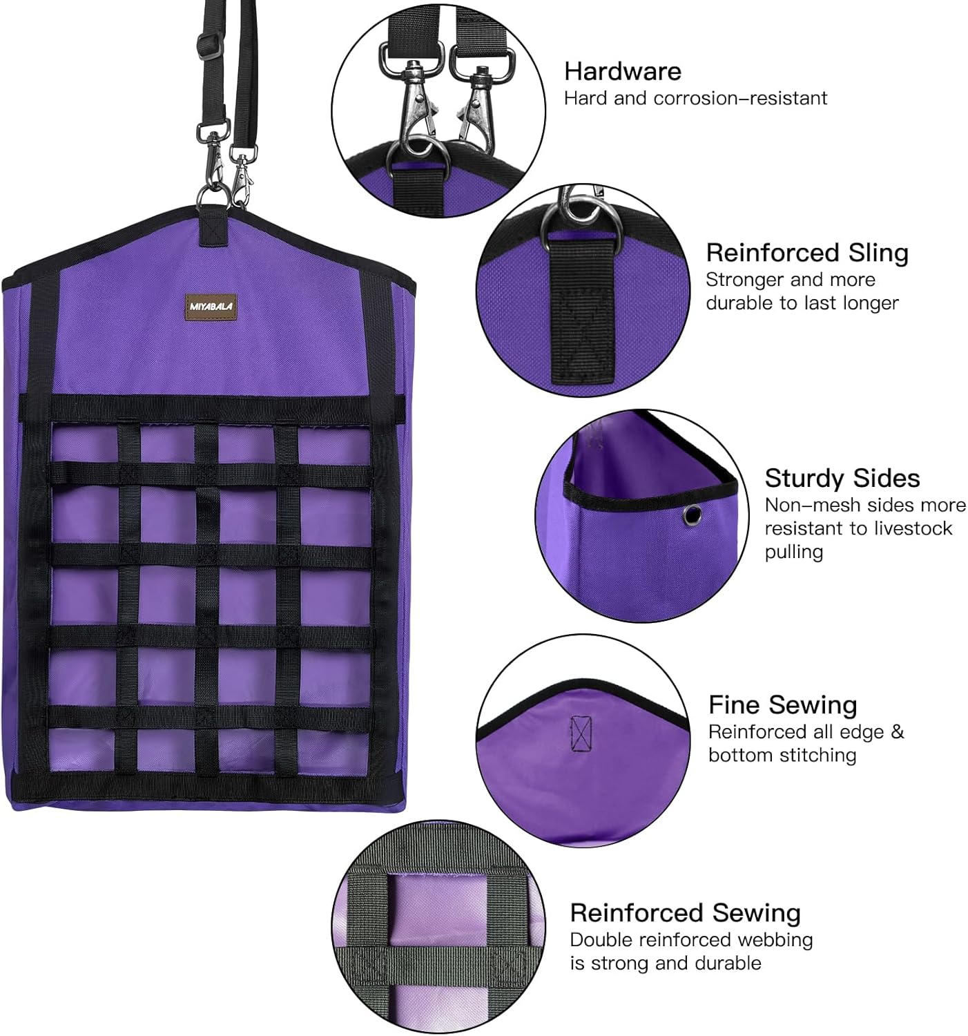 Hay Bags for Horses,3 Packs Slow Feed Hay Bags for Goats,Sheep,Donkey,Premium Oxford Hay Feed Bags with Front Hay Nets Design, Easy to Fill and Hang with Large Opening (2Purple + 1Black)