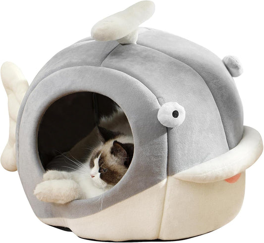 Lcybem Cat Beds for Indoor Cats - Cat Bed Cave with Removable Washable Cushioned Pillow, Calming Cozy Soft Cat Cave, Cute Friendly Dolphin Cat Houses for Indoor Cats No Deformation Pet Bed, L