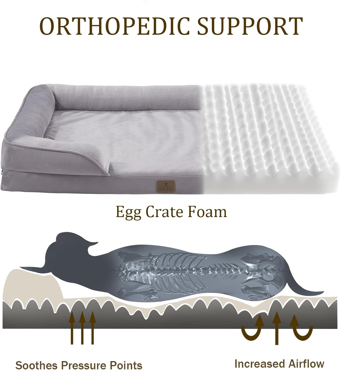 Bedfolks Orthopedic Dog Bed, Big Waterproof Dog Sofa Bed for Large Dogs, Egg Foam Pet Couch Bed with Removable Washable Cover and Nonslip Bottom, Light Grey