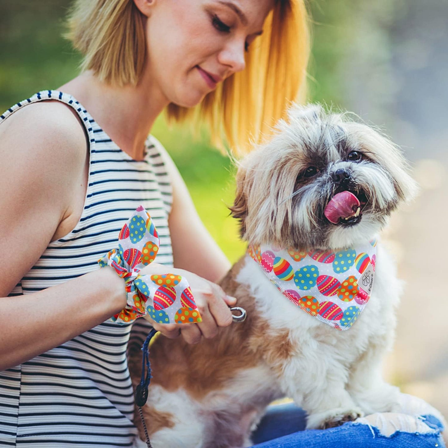 E-Clover Easter Dog Bandana & Matching Scrunchie Set Egg Dog Bandanas Scarf with Bunny Hair Tie for Small Puppy Dogs Pet Owner