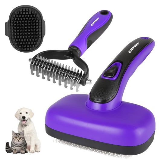 Dog Brush Kit – 3 PCS Grooming Set with Self-Cleaning Brush, Undercoat Rake & Pet Bath Brush. Great for Shedding, Tangles & Dirt Removal – Ideal for Long & Short Haired Dogs & Cats, Purple