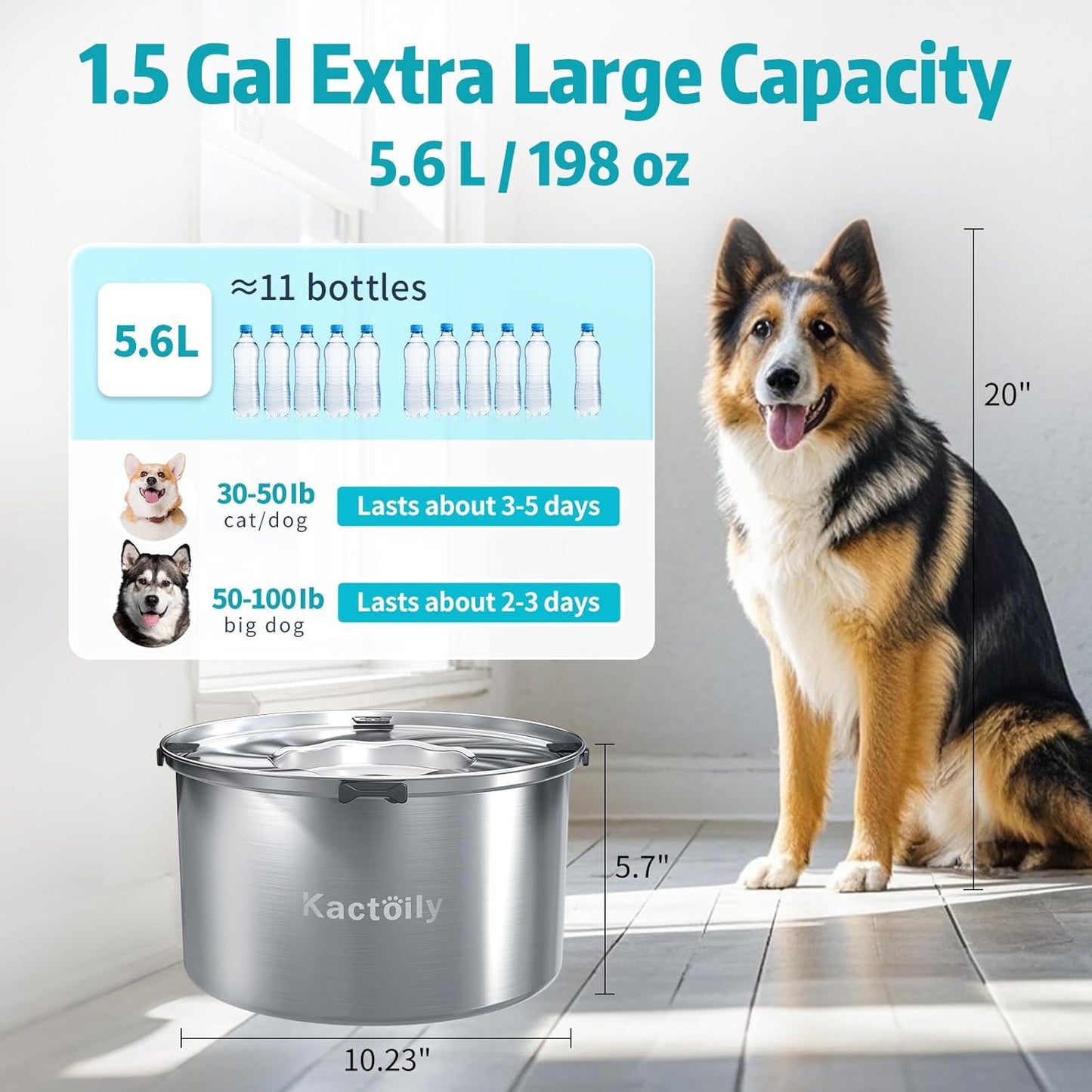 1.5 Gal Dog Water Bowl No Spill, 5.6L Slow Water Bowl for Large Dogs, Slow Drinking Dog Water Bowl Dispenser, Stainless Steel Dog Bowls for Messy Drinkers