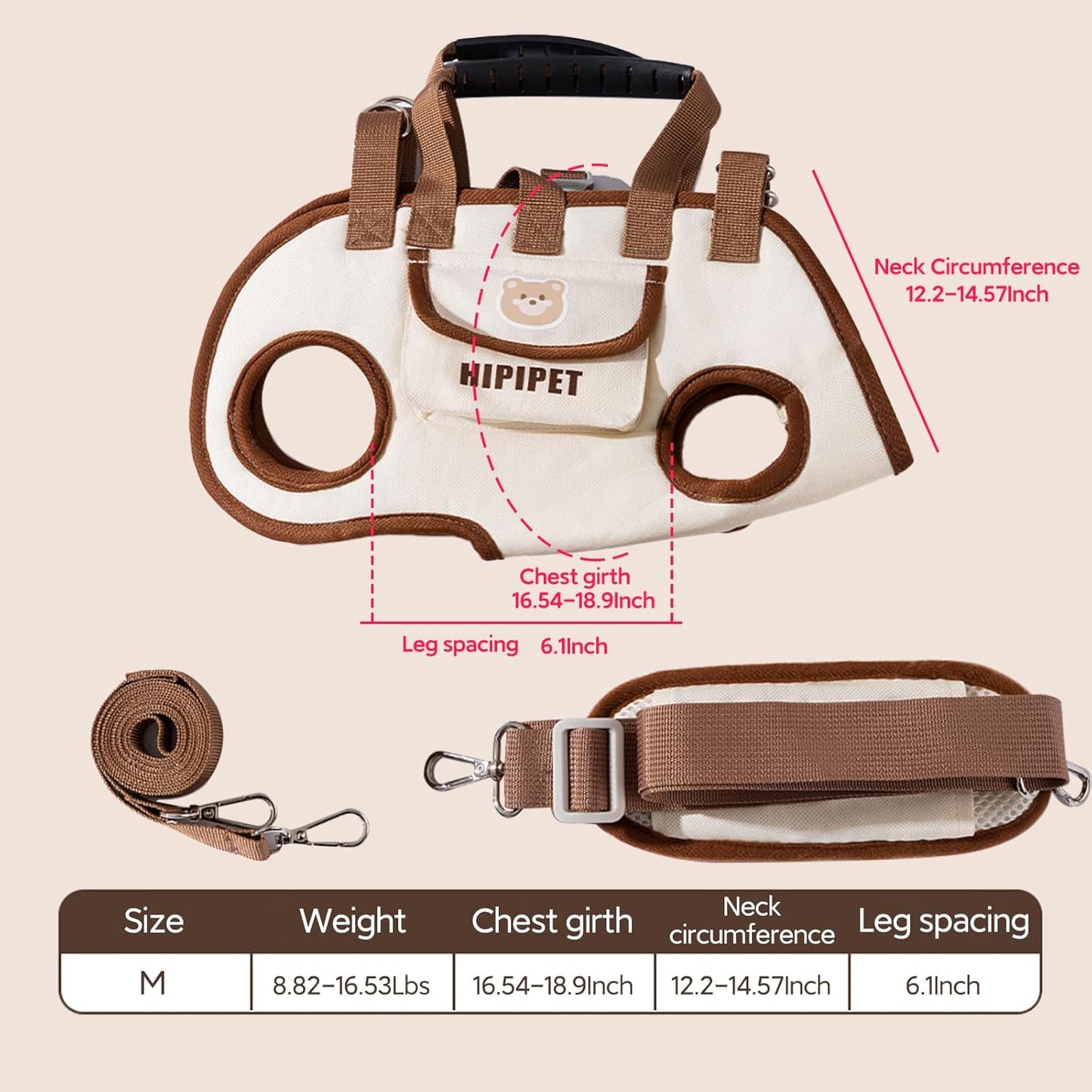 Portable Breathable Pet Carrier Sling & Backpack for Dogs & Cats, Adjustable Full-Body Harness with Traction Leash, Crossbody & Car-Friendly (Medium)