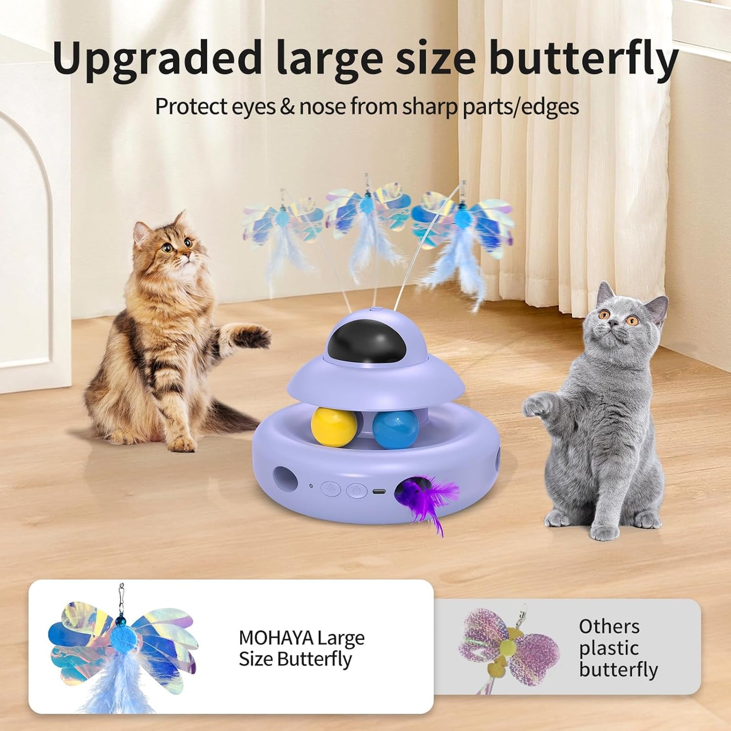 Cat Toy,Purple 4-in-1 Interactive,Cat Toys for Bored Indoor Adult Cats,Electric Flying Butterfly,Rechargeable Automatic Toy,Moving Ambush Feather,Track Balls