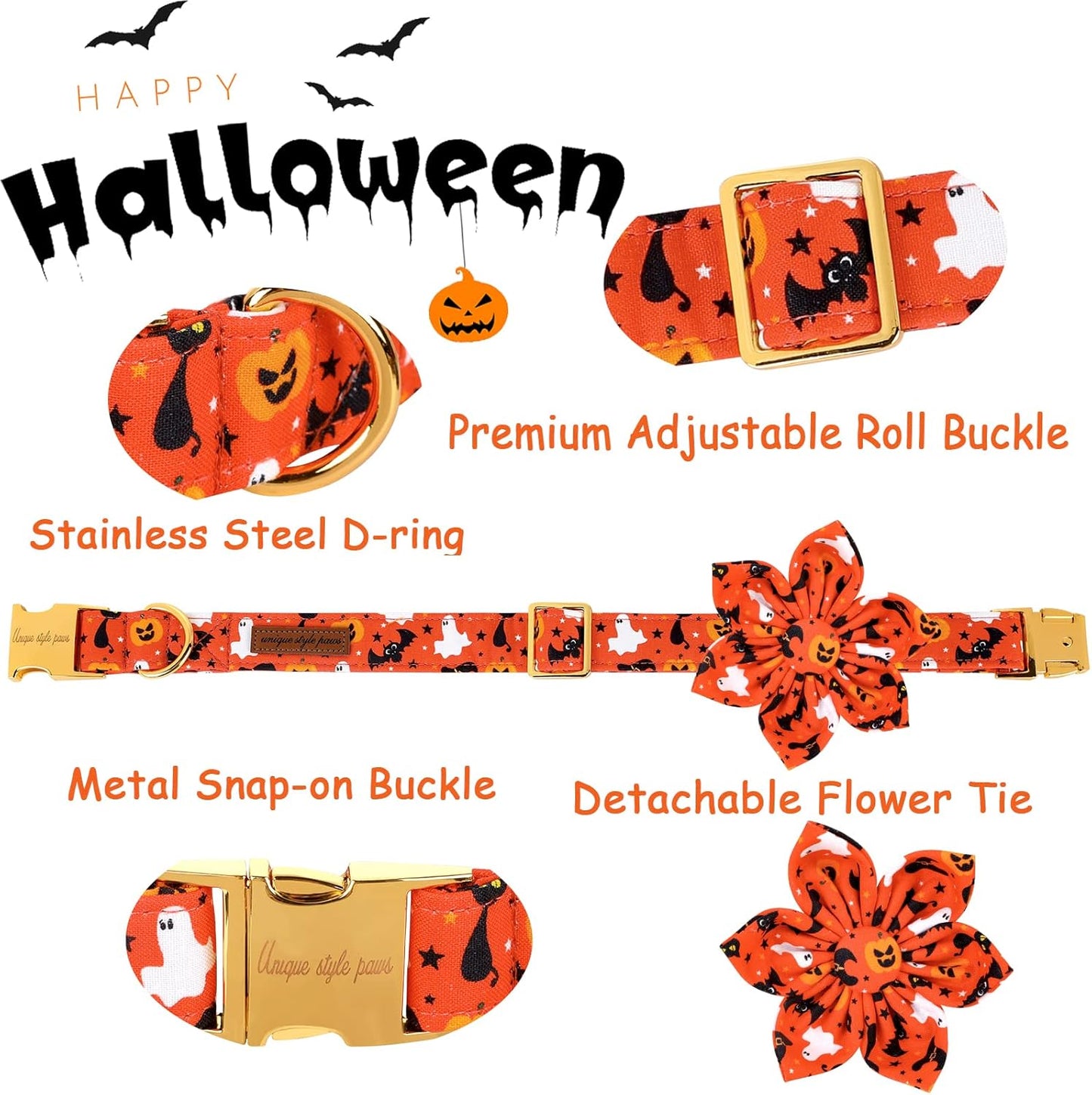 Unique style paws Halloween Dog Collar with Flower Tie Cotton Adjustable Puppy Collar for Small Medium Large Dogs-XS