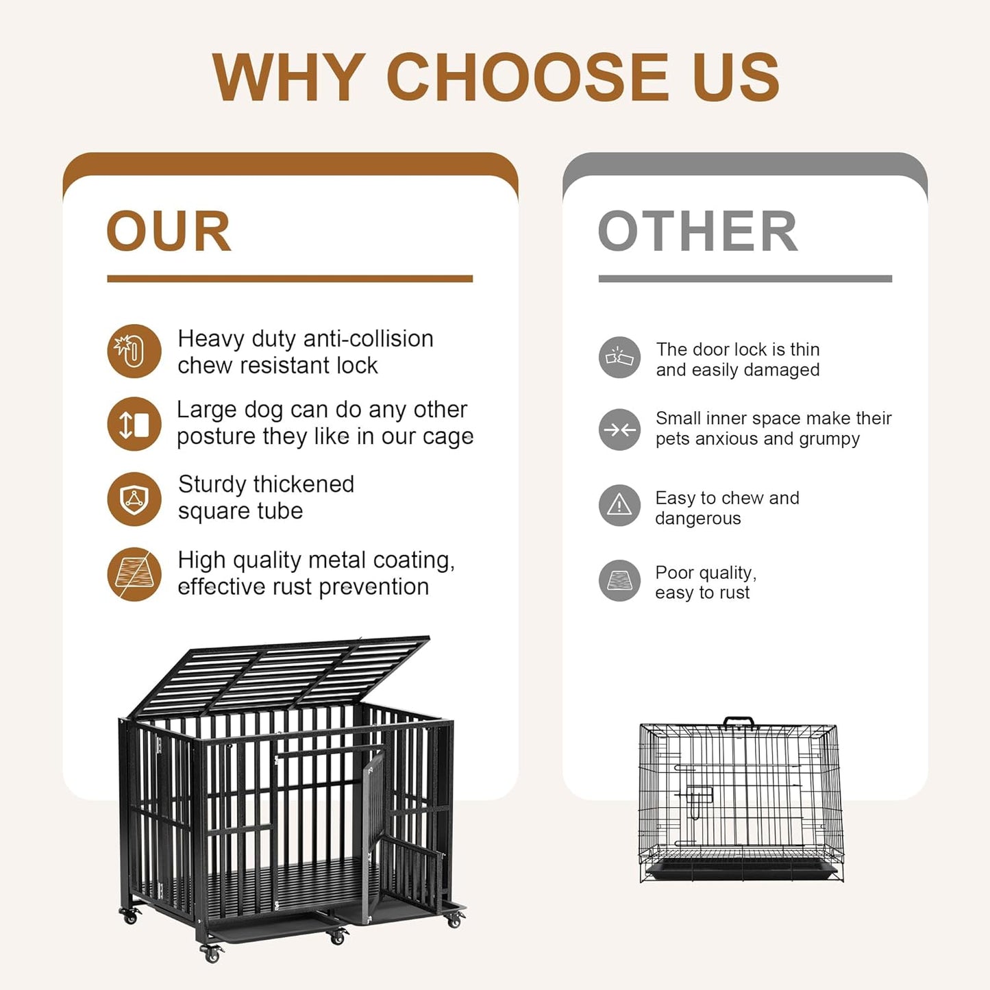 Polar Aurora Heavy Duty Dog Crate, Foldable Indestructible Dog Kennel, Escape Proof Extra Large Dog Cage with Lockable Wheels, High Anxiety Pet Playpen with Double Door for Indoor/Outdoor Use. (60in)