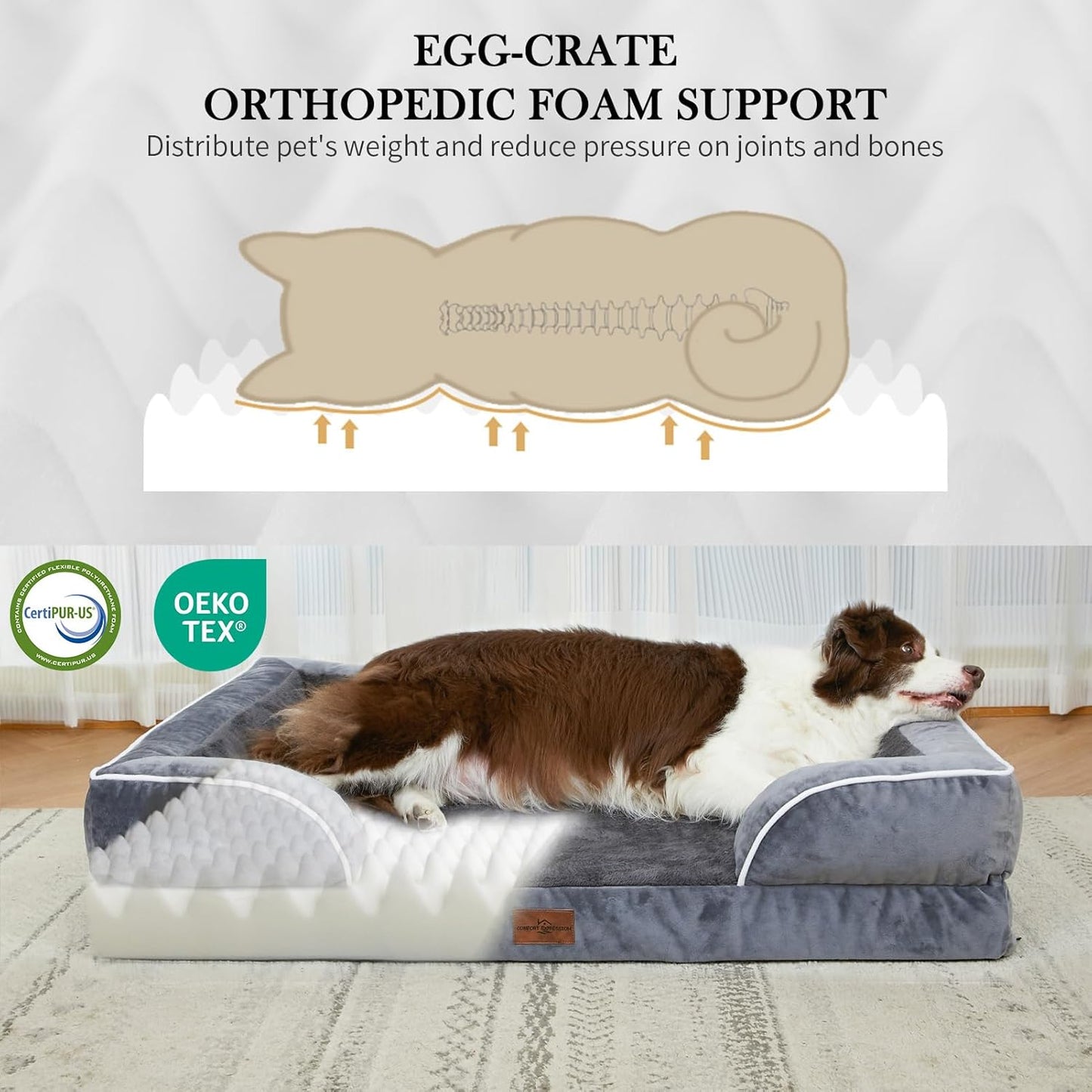Comfort Expression Dog Beds for Extra Large Dogs, Waterproof Orthopedic Dog Bed Jumbo Breed, PV Washable Dogs Sofa with Removable Cover & Non-Slip Bottom(Dark Grey)