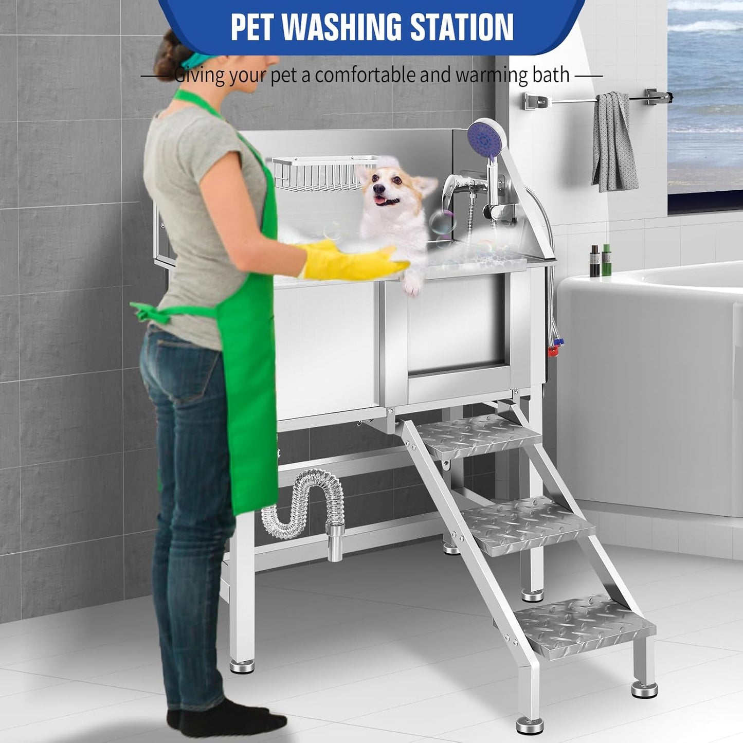 Professional Stainless Steel Dog Bathing Station, Dog Grooming Tub, with Stairs, Floor Grate & Faucet for Dog Bathtub for Large, Medium & Small Pets,34" R-RAMP