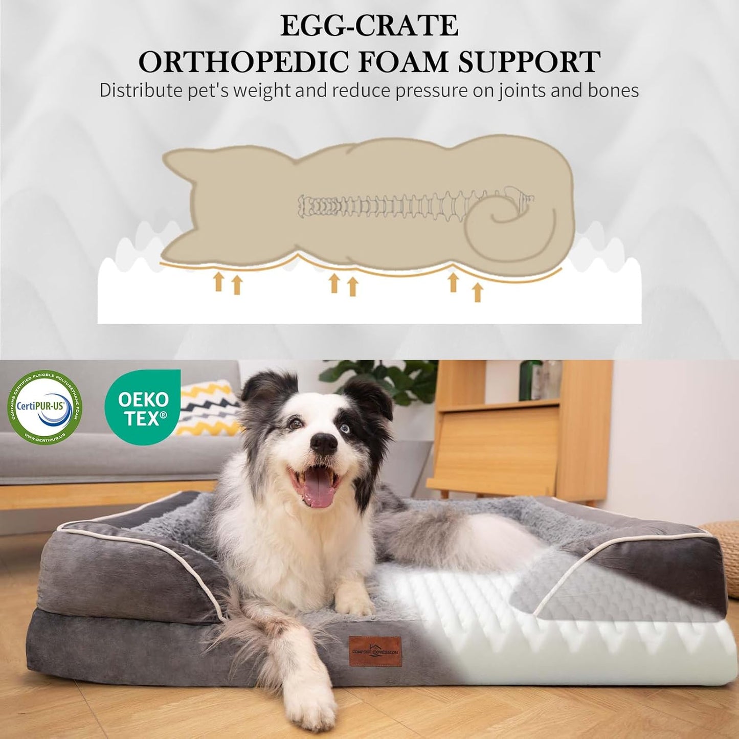 Comfort Expression XXL Orthopedic Dog Bed for Extra Large Dogs, Waterproof Orthopedic Foam Dog Beds, Washable Dogs Sofa Beds with Removable Cover & Non-Slip Bottom(XX-Large,Grey)