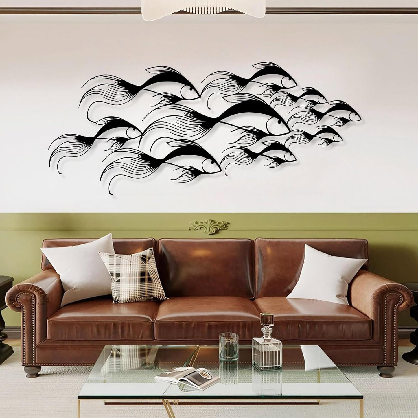 School of Fish Metal Wall Art, Metal Fish Wall Decor, Sea Life Wall Art, Large Nautical Wall Hanging, Modern Beach House Wall Decor, Ocean Themed Artwork for Bathroom (Black, 24"x10" | 60x25cm)