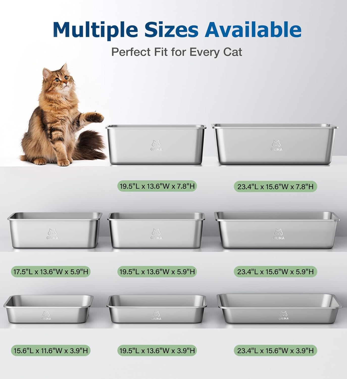 2 Pack Stainless Steel Cat Litter Box, 23.4" L×15.6" W×7.8" H, Metal Kitty Litter Box with High Sided for Big Cats, Non-Stick, Easy to Clean, Odor-Free