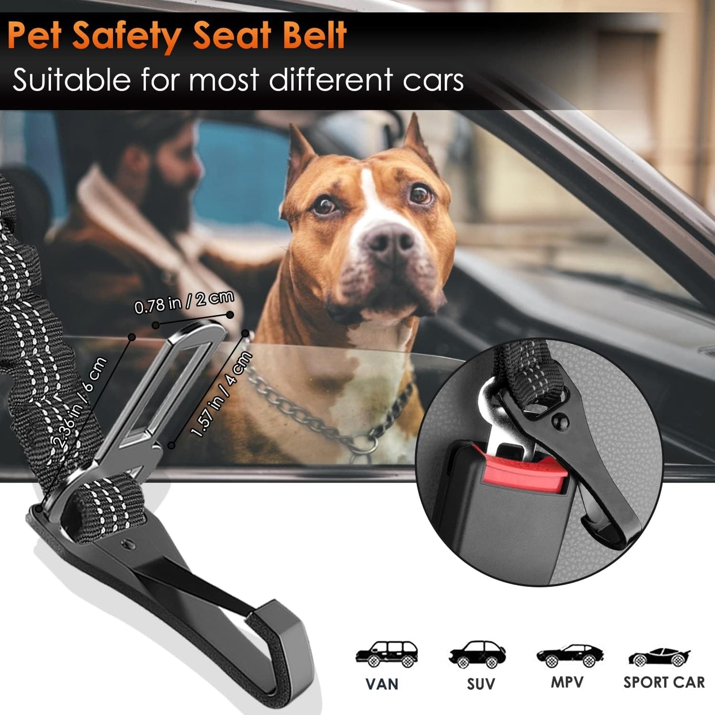 SlowTon Dog Seat Belt, Adjustable Dog Safety Belt Leash, 2 in 1 Latch Bar Attachment Dogs Car Seatbelt with Elastic Nylon Bungee Buffer, Reflective Nylon Belt Tether Connect to Dog Harness(B,35.5in)