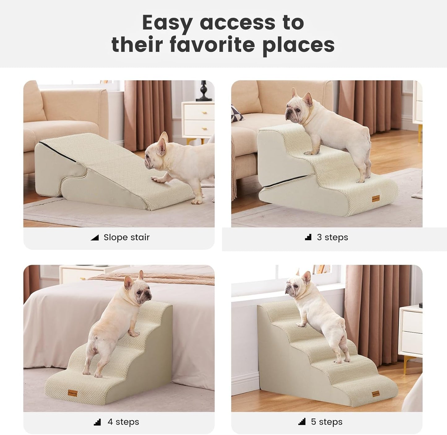 Gardner Pet Dog Stairs for Small Dogs 19.7" H, 4-Step Beige Curved Pet Stairs, Dog Steps for High Bed (18-24 in), Couch with Durable Non-Slip Waterproof Fabric Cover and CertiPUR-US Certified Foam