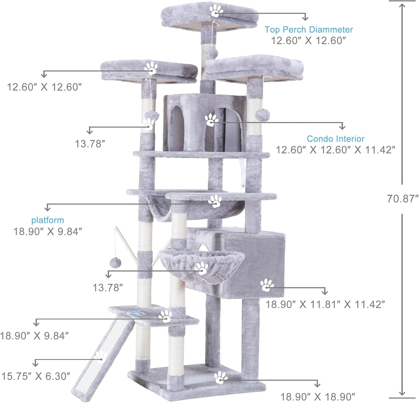 Hey-brother Cat Tree, 71 inches XL Large Cat Tower for Indoor Cats, Multi-Level Cat House with 3 Padded Perches, Big Scratcher, Cozy Basket, 2 Cat Condos and Scratching Posts, Light Gray MPJ034W